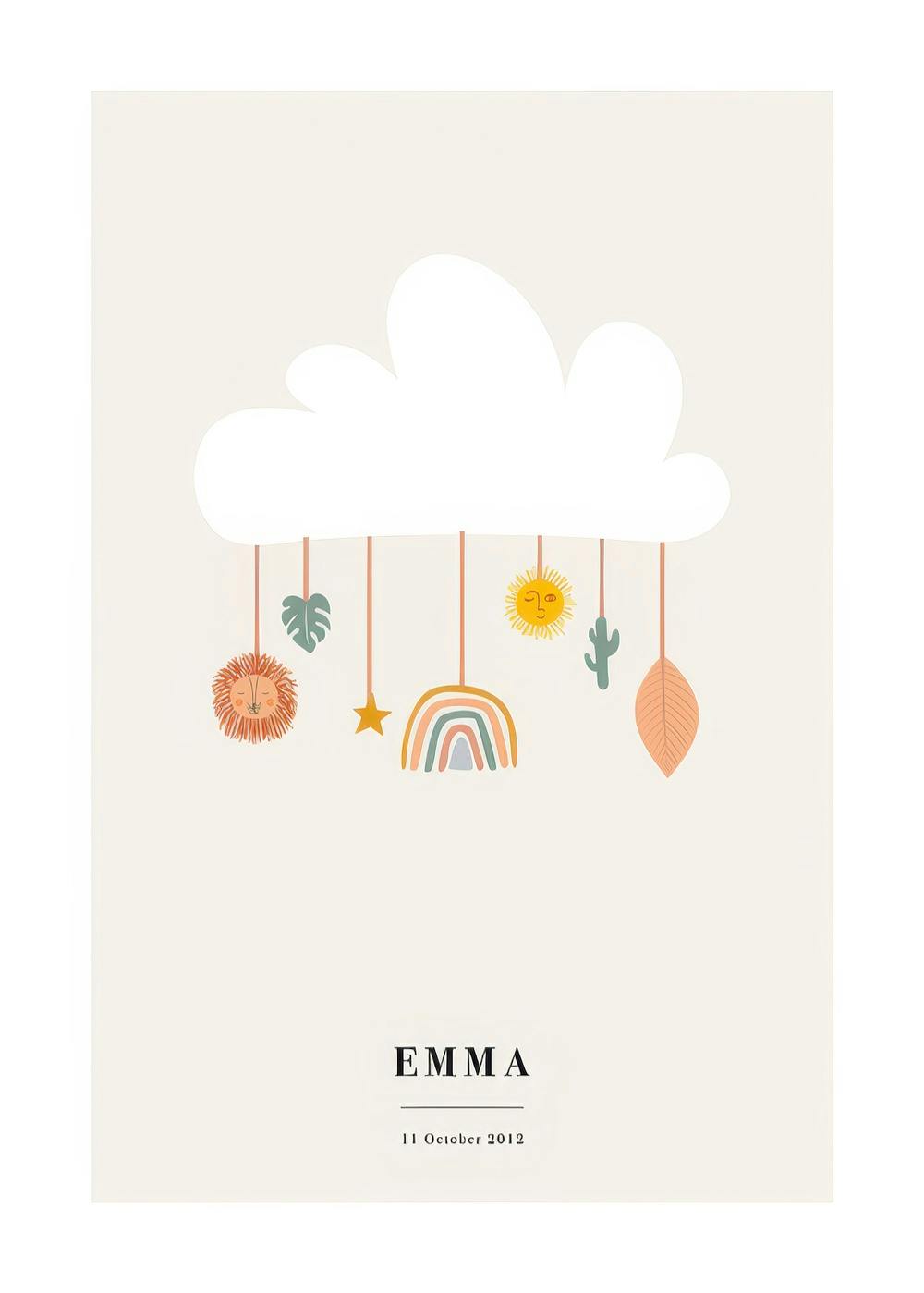 Póster personalizado com ilustração de mobile de nuvem e símbolos pendurados, como leão, sol e arco-íris, sobre fundo bege.