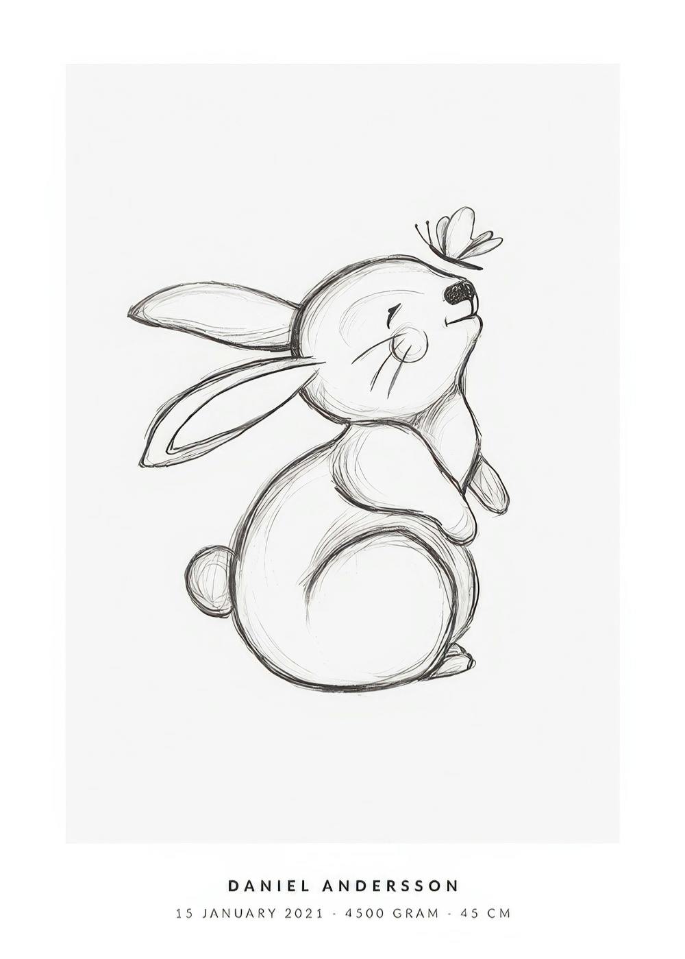 Black and white sketched baby bunny with a small butterfly on its nose, on a white background with custom text.