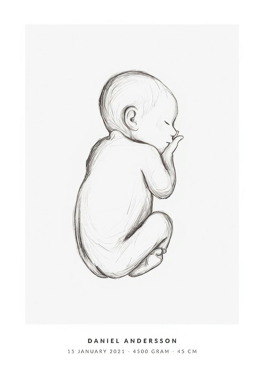 Monochromatic pencil sketch of a sleeping baby curled up against a white background, featuring custom text below.