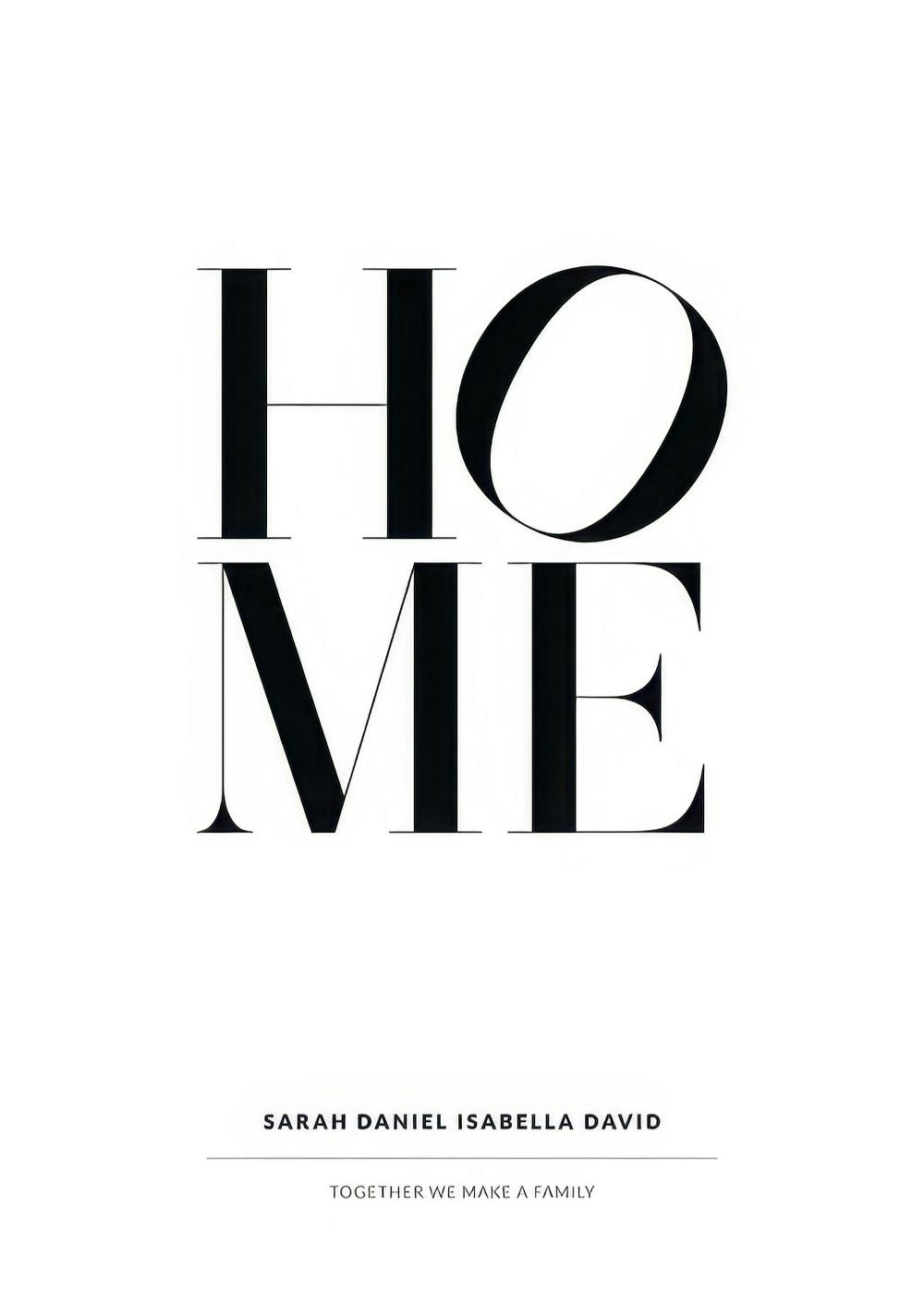 Poster personalizzato con la scritta HOME in nero su sfondo bianco e nomi della famiglia in basso.