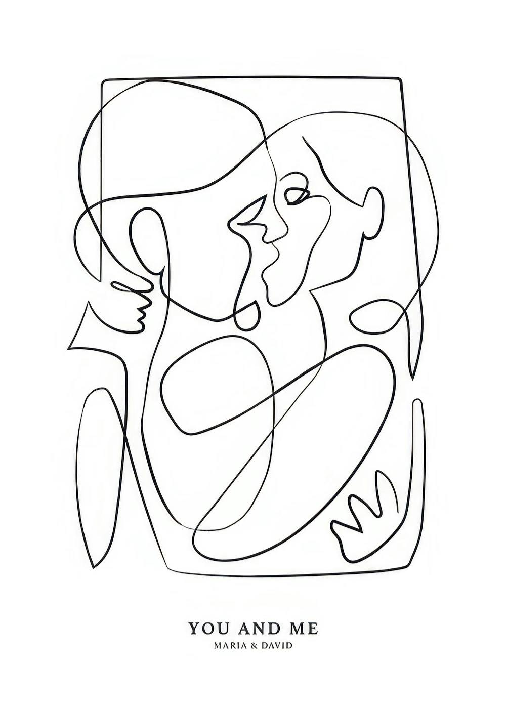Póster abstracto de pareja besándose, arte lineal minimalista en blanco y negro, figuras humanas entrelazadas