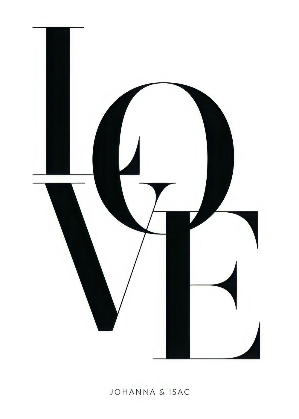 Affiche noir et blanc minimaliste avec la typographie LOVE et les prénoms Johanna & Isac.