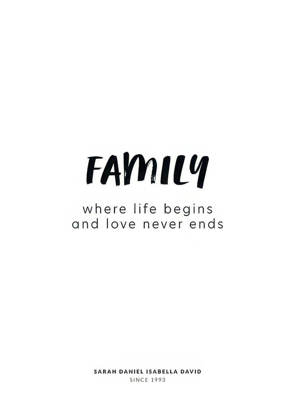 Póster branco com citação Family where life begins and love never ends em preto, e nomes personalizados na base.