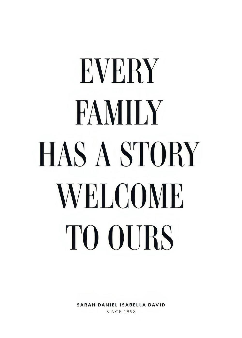 Personalisiertes Poster: Zitat Every family has a story welcome to ours in Schwarz auf Weiß, mit Namen und Jahreszahl