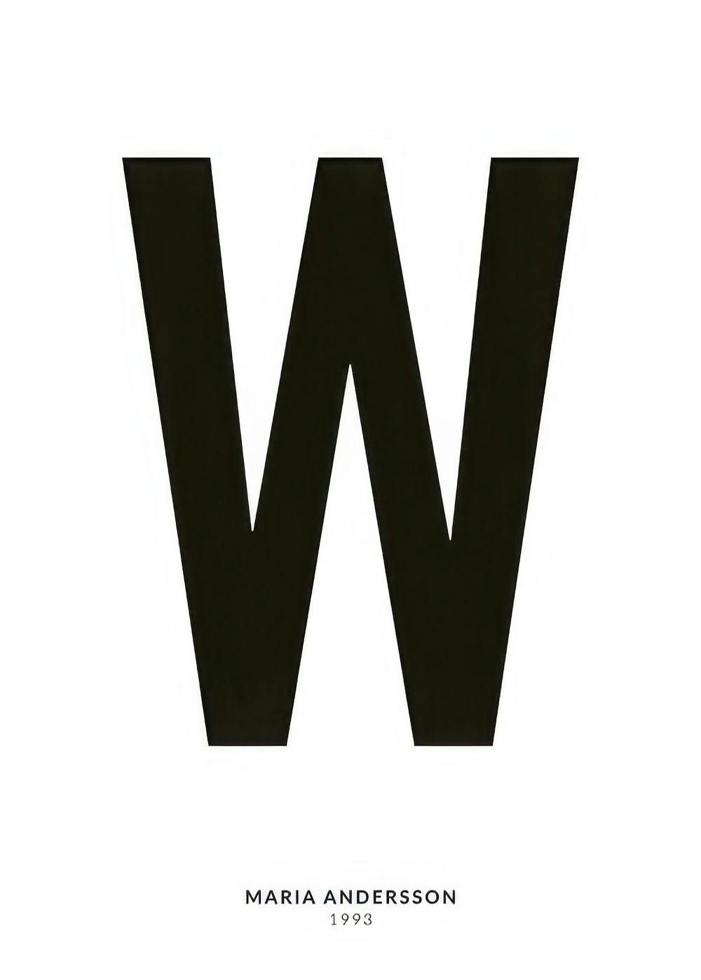Personalized text poster featuring a bold black letter W on a white background with Maria Andersson 1993 below.