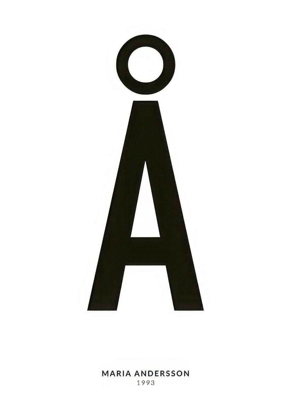 Minimalistische poster met grote zwarte letter Å en kleinere zwarte tekst op een witte achtergrond, gepersonaliseerde typografie