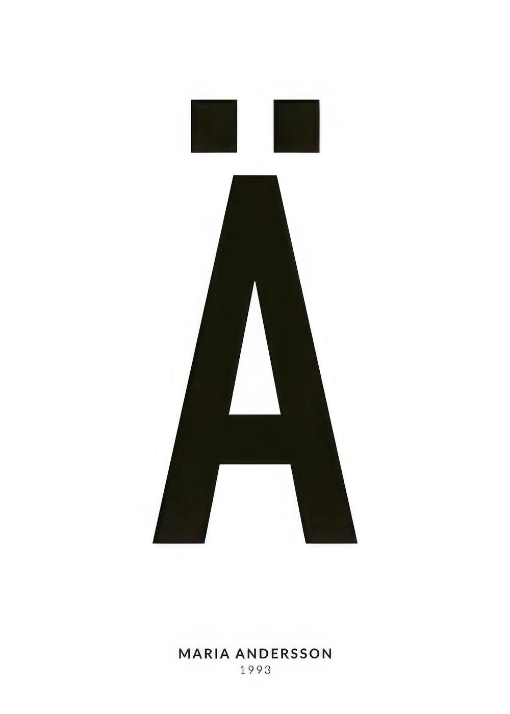 Zwart-wit tekstposter met grote letter Ä en kleine persoonlijke tekst eronder voor een unieke wanddecoratie.