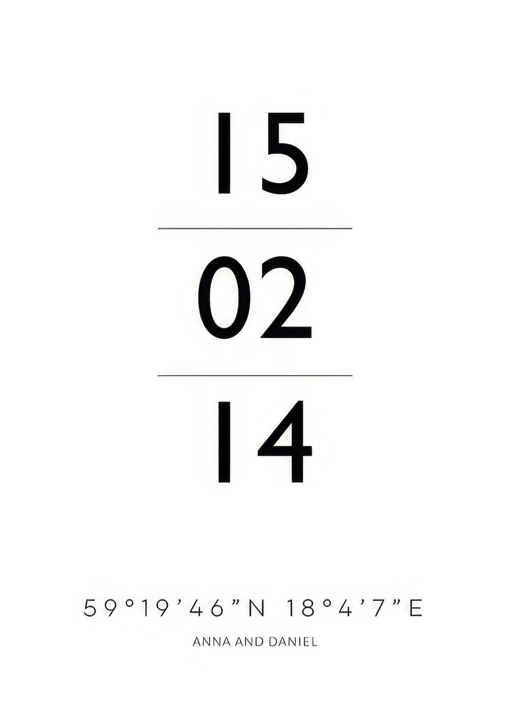 Personalisiertes Poster: weißer Hintergrund, schwarze Schrift, Datum, Koordinaten, Namen Anna und Daniel.