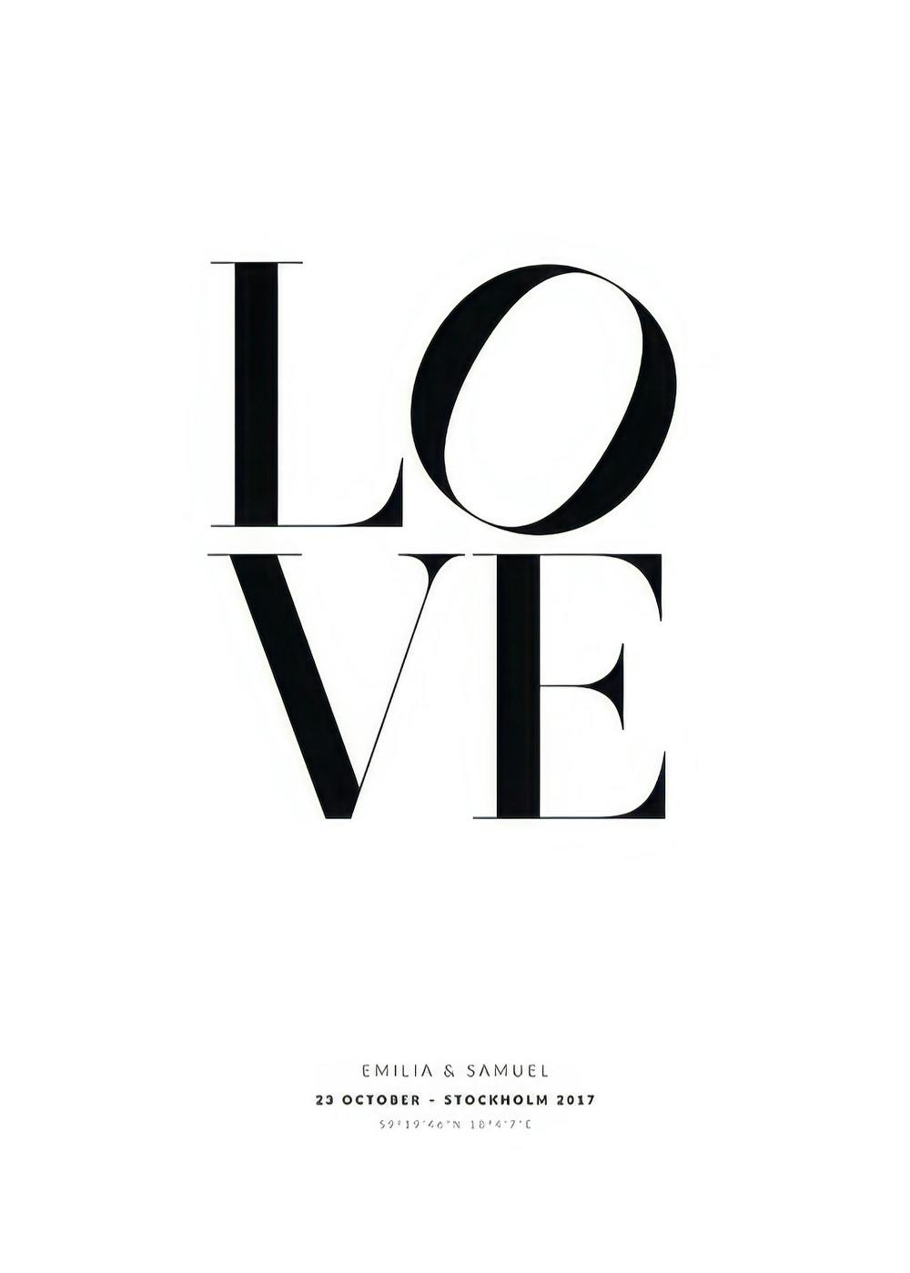 Póster LOVE en blanco y negro con la palabra LOVE en mayúsculas, y detalles personalizados de fecha y lugar.