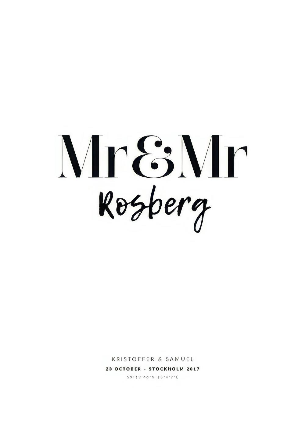 Póster Mr & Mr personalizado con nombres, fecha y ubicación en texto negro sobre fondo blanco, ideal para bodas.