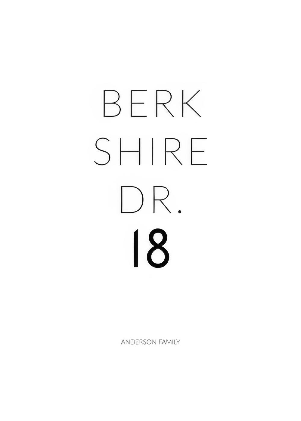 Personalised street name family poster with Berkshire Dr. 18 and Anderson Family in black text on white background.