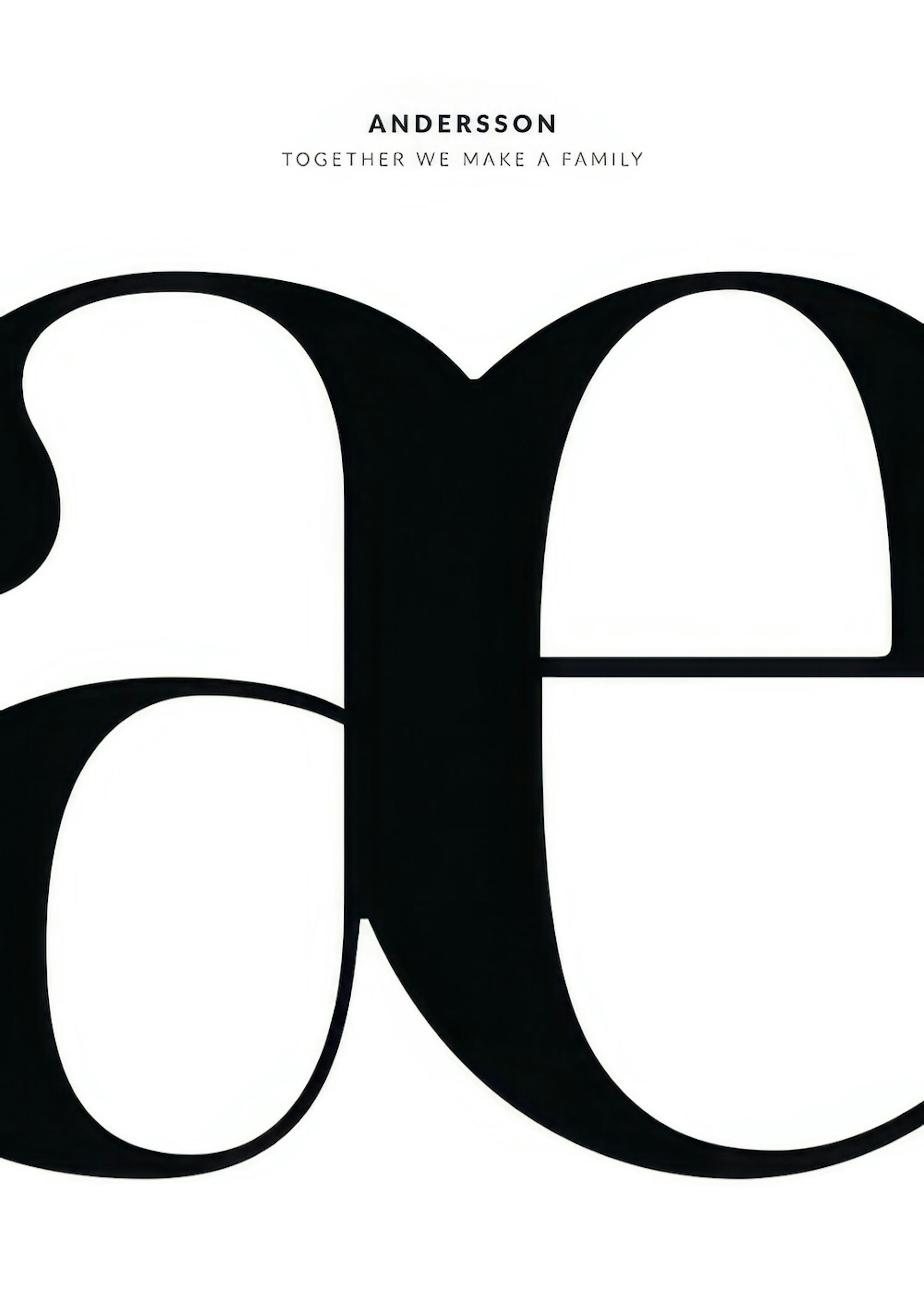 Mustavalkoinen juliste, jossa on Andersson-sukunimi ja sitaatti Together We Make a Family ja suuri, lihavoitu ae-kirjain. Henkil