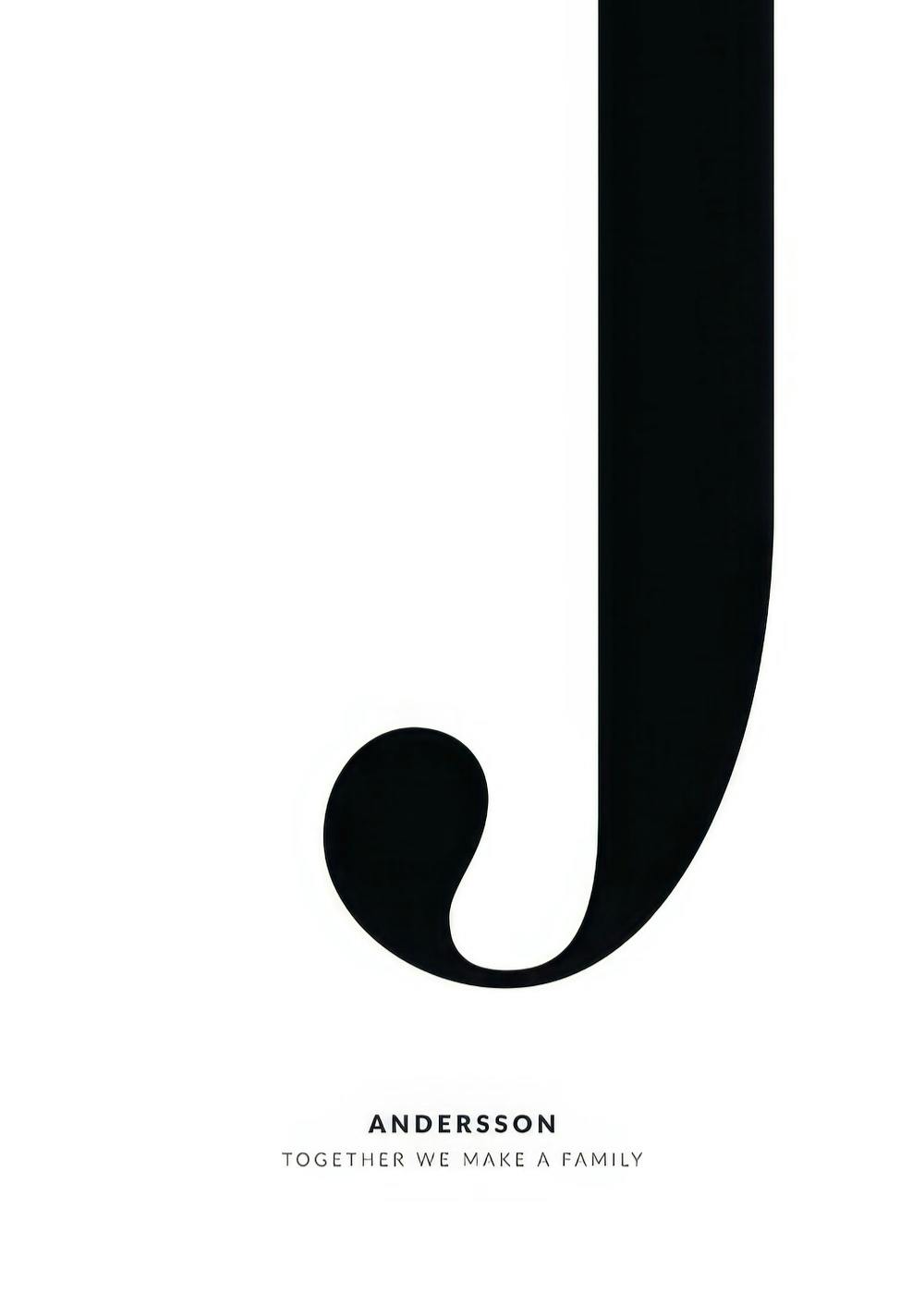 Personalisiertes Familienposter mit dem Buchstaben J in Schwarz-Weiß, inklusive Nachnamen und Zitat.