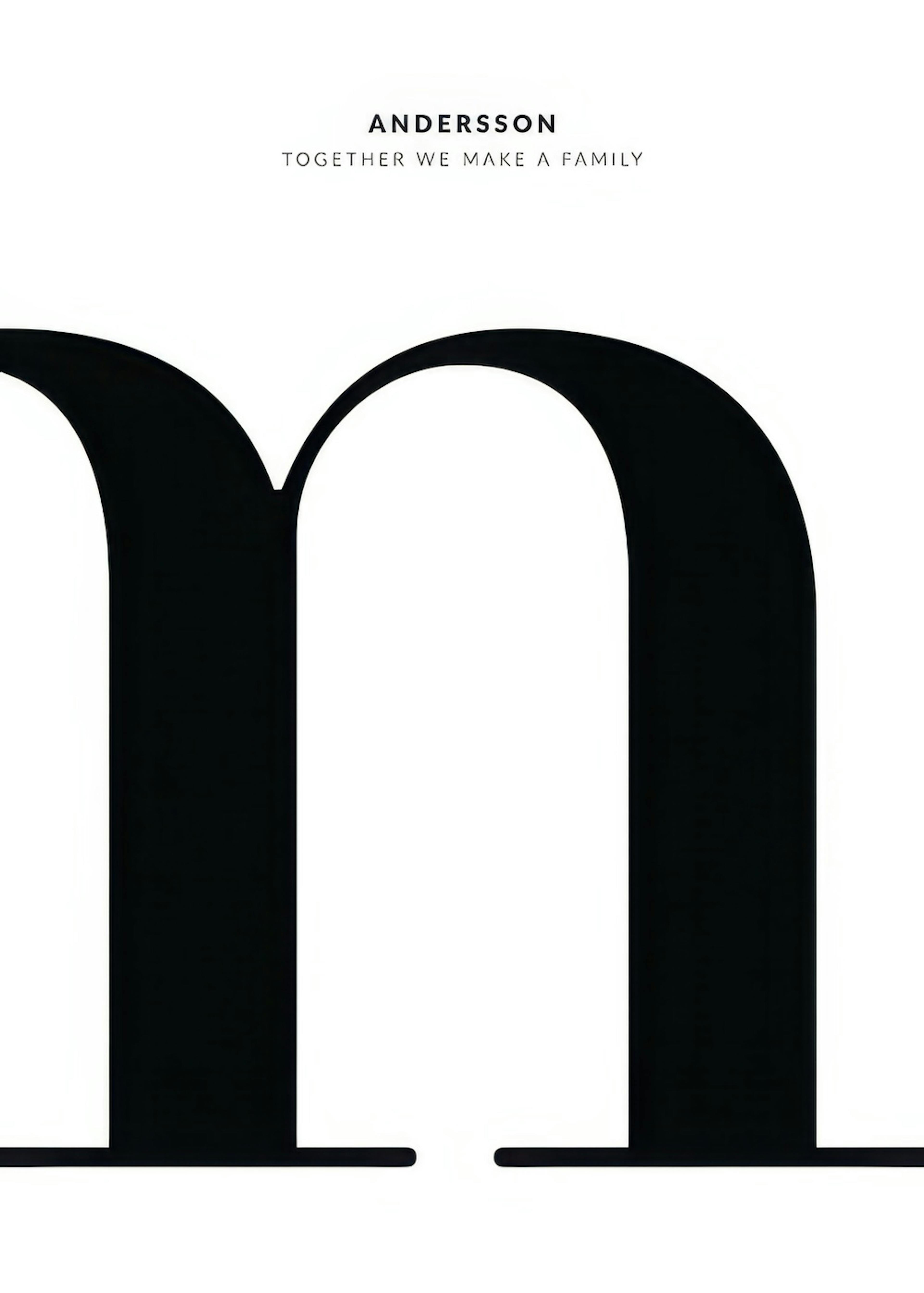 Personal poster with a large black letter M on a white background, featuring family name and quote.