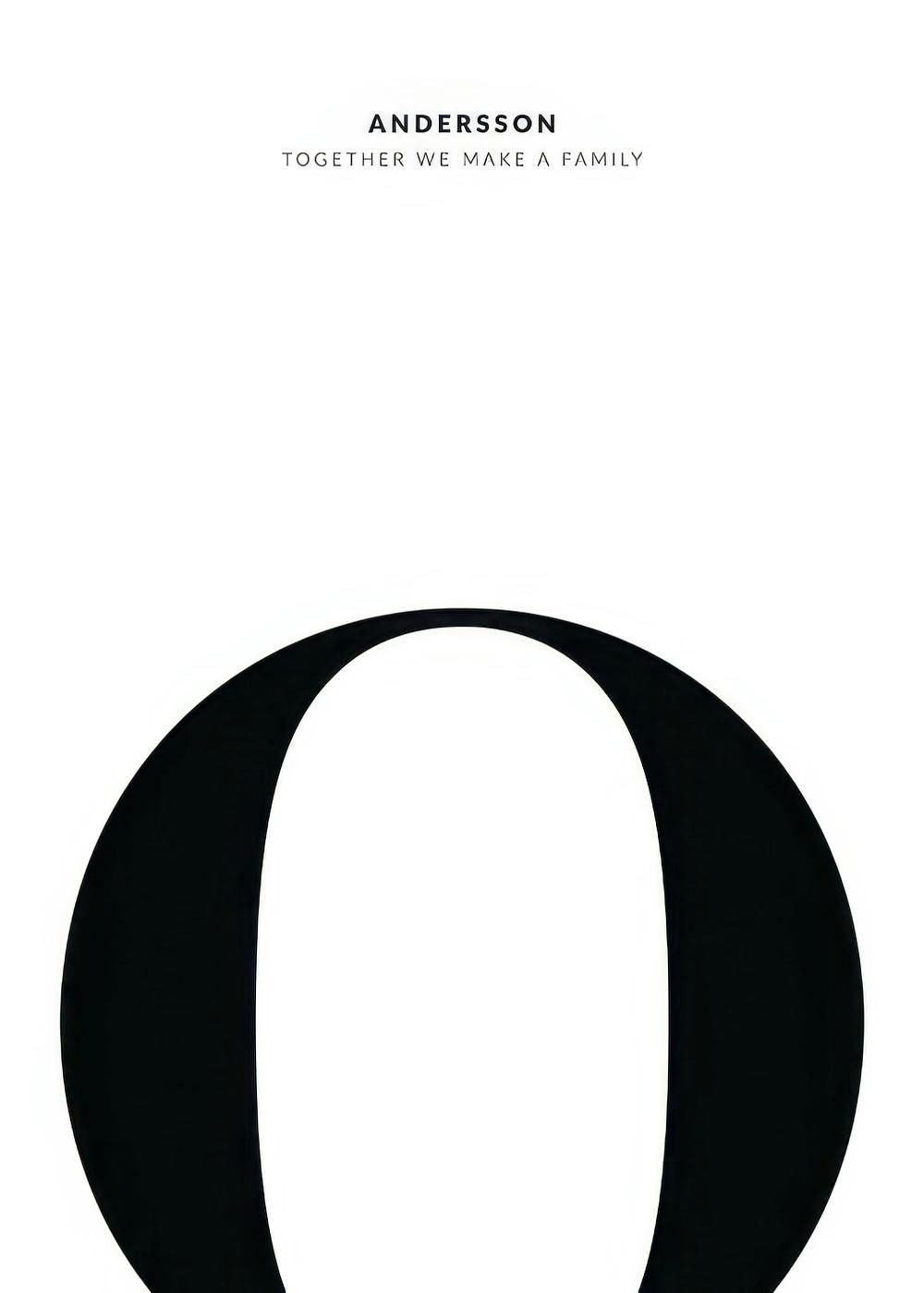 Personalized family poster with a large black letter O, Andersson family name, and Together We Make a Family quote on a white ba