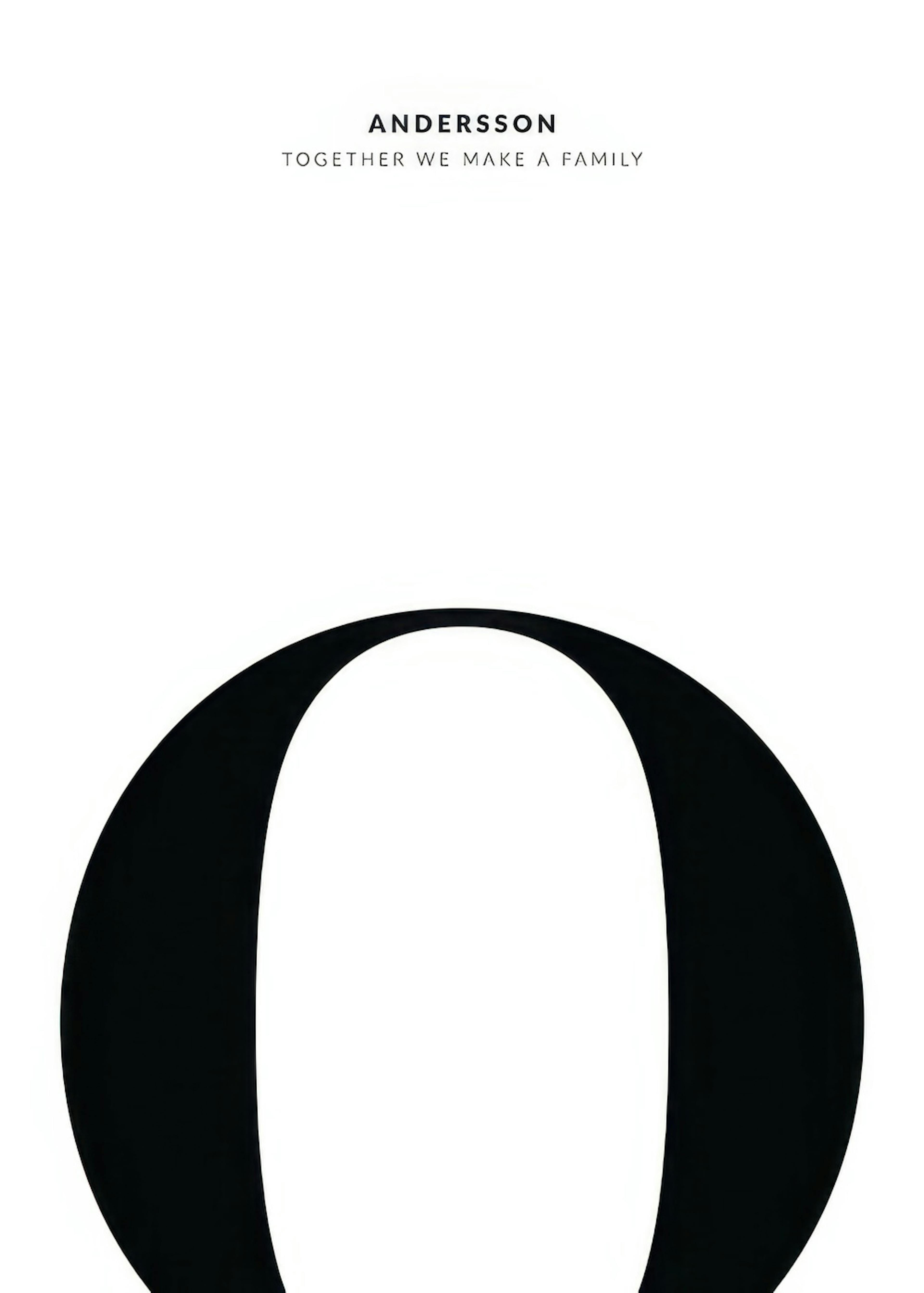 Personalized family poster with a large black letter O, Andersson family name, and Together We Make a Family quote on a white ba