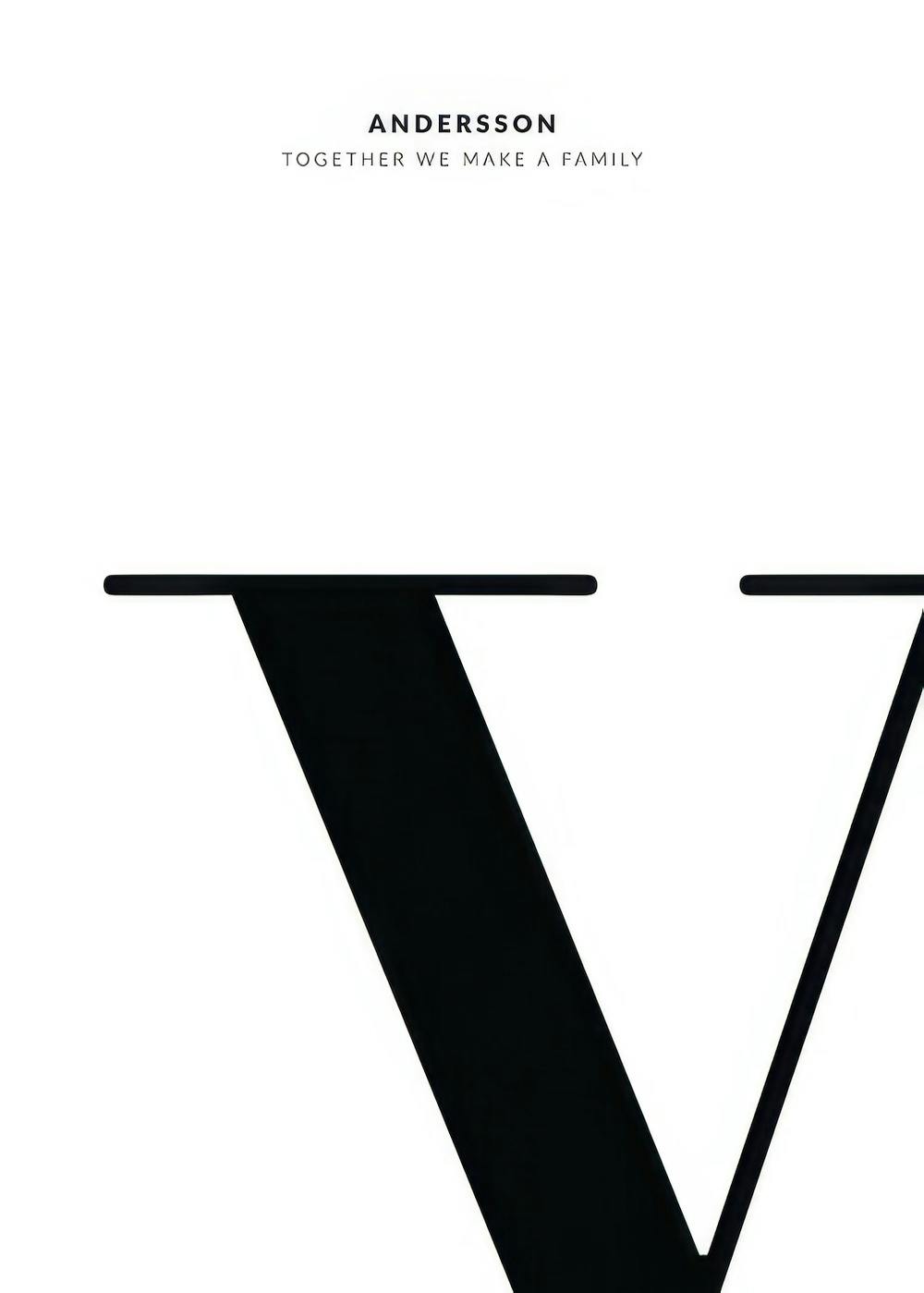 Mustavalkoinen juliste, jossa on suuri musta V-kirjain valkoisella taustalla. Yläosassa teksti ANDERSSON ja TOGETHER WE MAKE A F