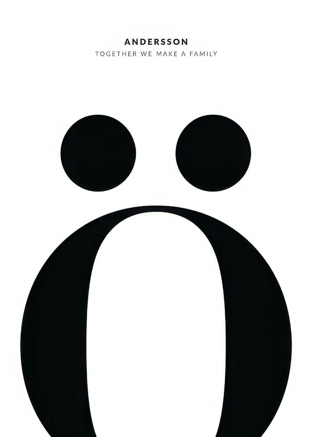 Svartvit poster med ett stort Ö i svart, två svarta prickar ovanför och citat om familj, personlig familjeposter.