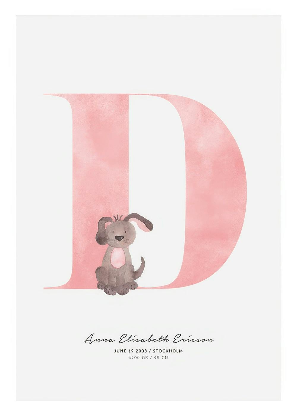 Personalisiertes Kinderposter mit großem, pastellrosa Buchstabe D und einem niedlichen braunen Hund.
