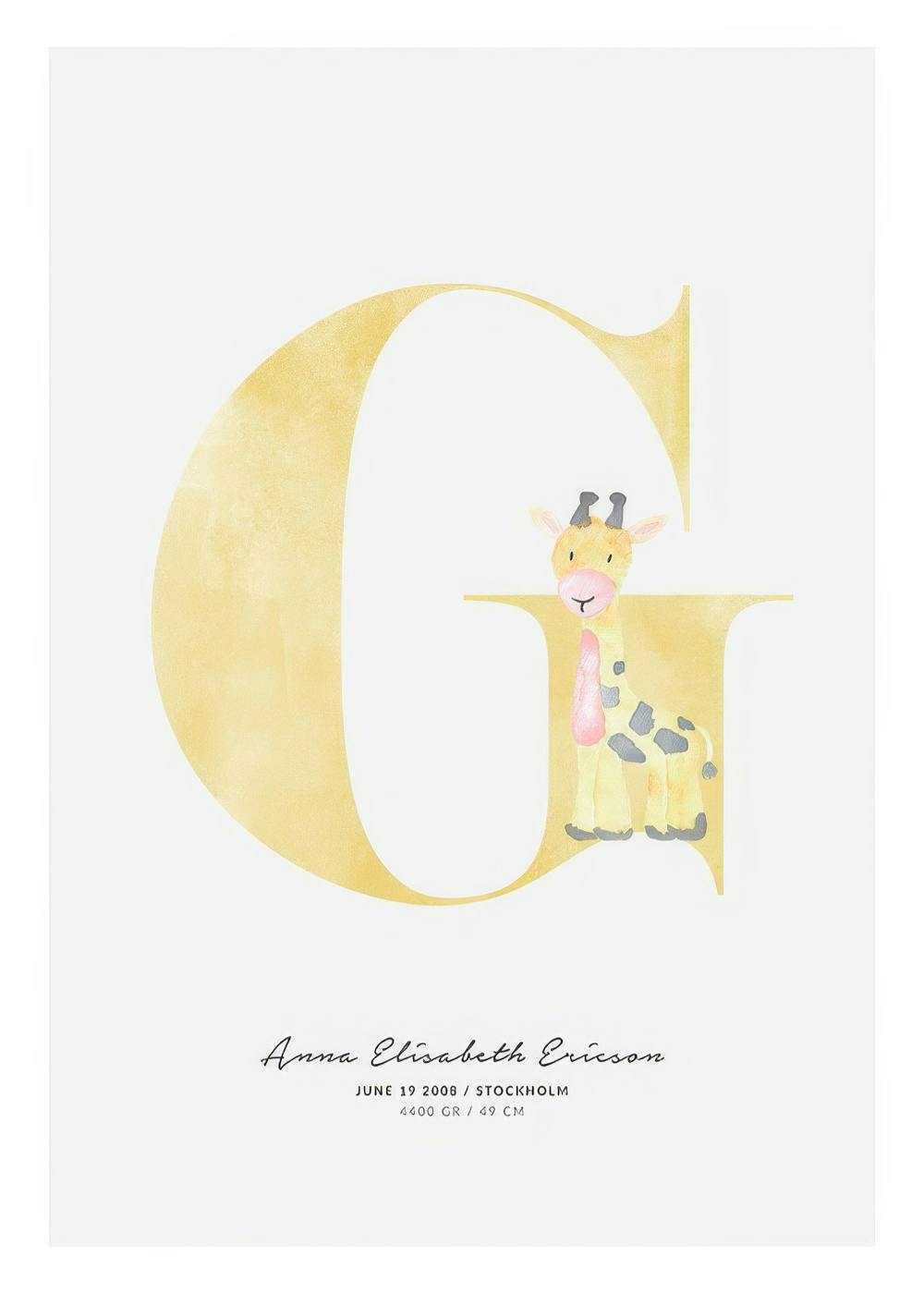 Poster personalizzato per bambini con lettera G gialla, giraffa acquerello, nome e data di nascita.