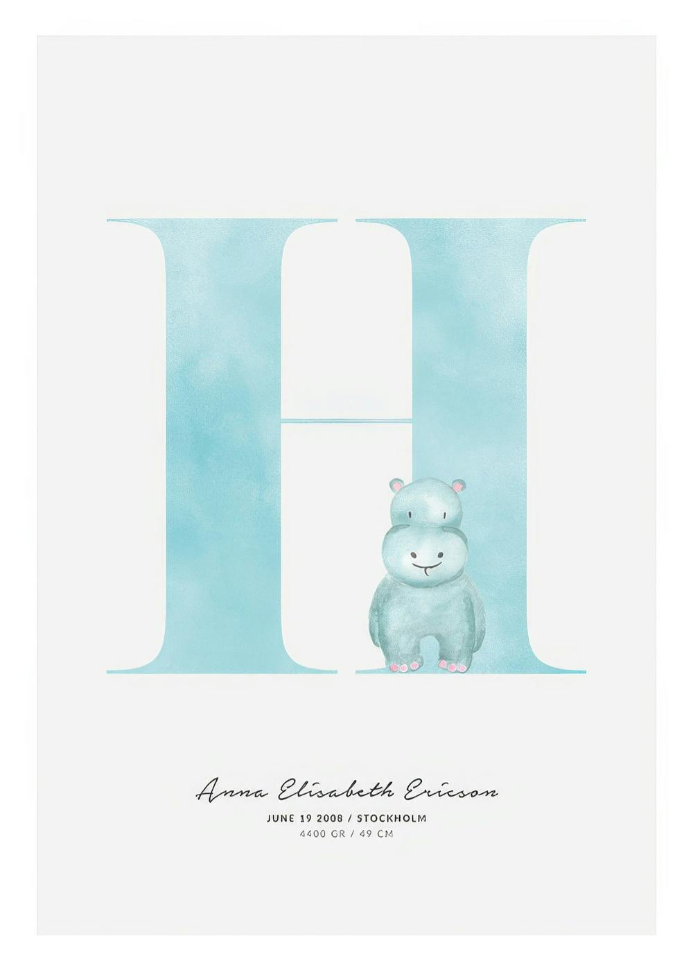 Póster infantil personalizado com a letra H azul pastel e um hipopótamo bebé, ideal para um quarto de criança.