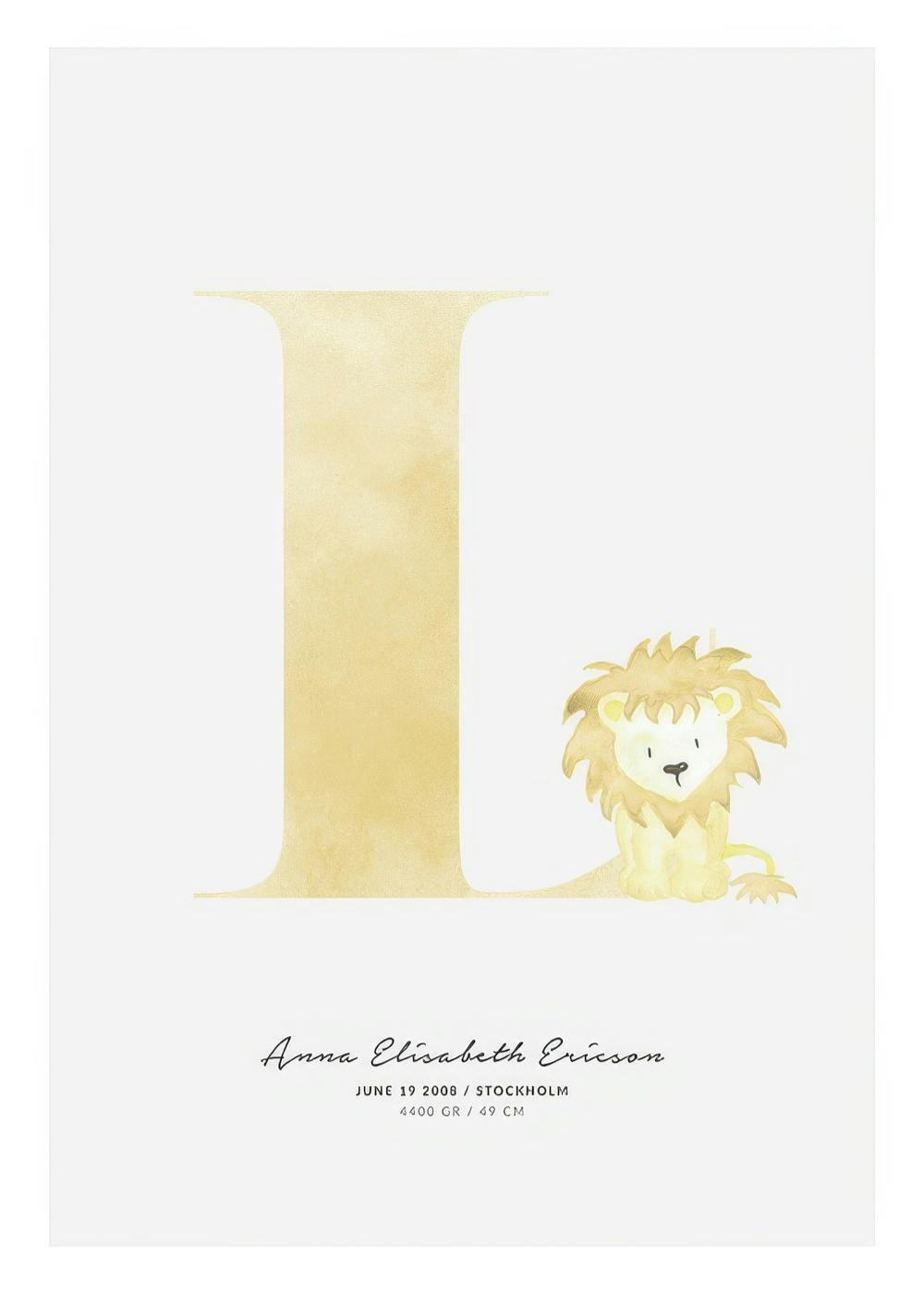 Gepersonaliseerde poster met pastelkleurige letter L en een schattige leeuw, perfect voor kinderkamerdecoratie.