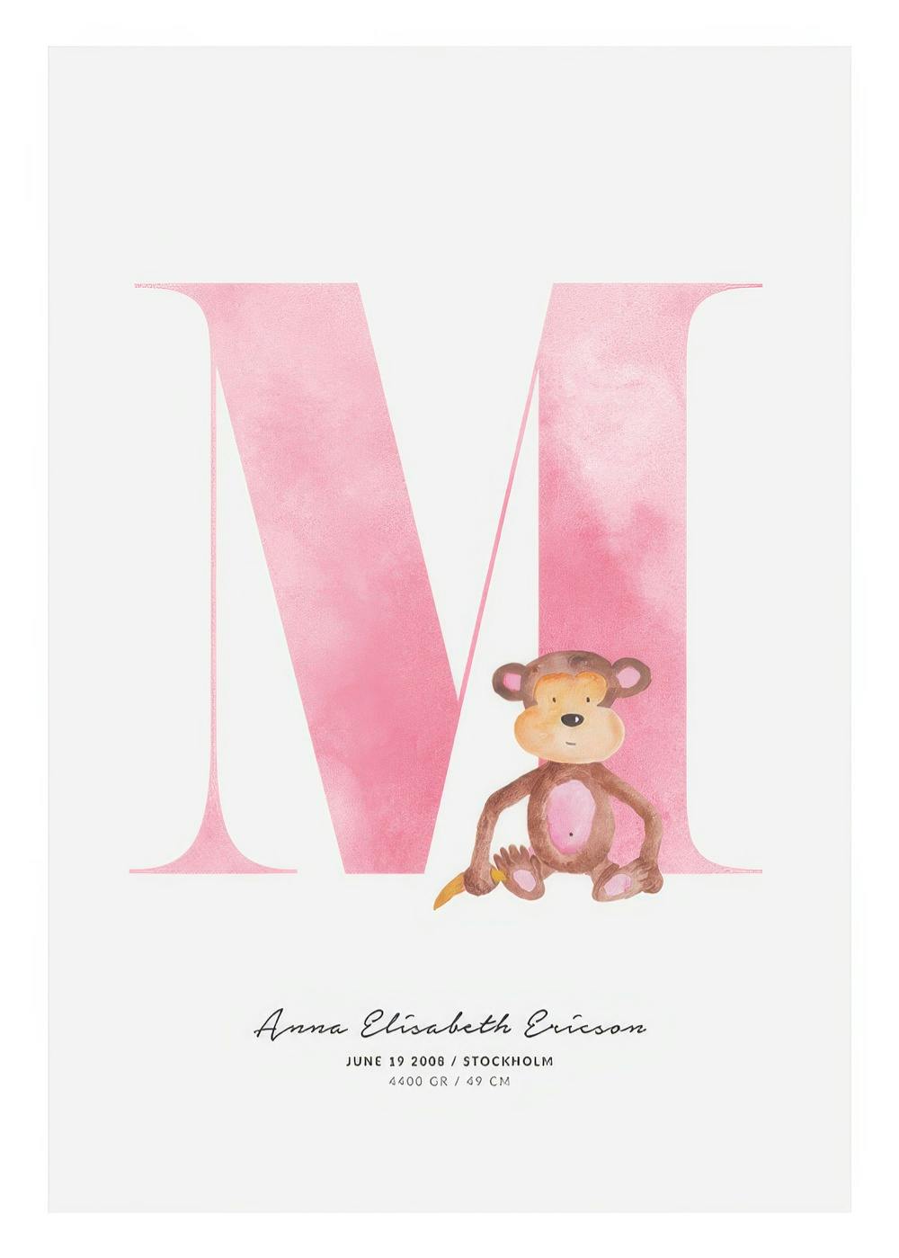Personalisiertes Kinderposter Buchstabe M in Pastellrosa mit niedlichem Affen und Geburtsdetails für Mädchen.
