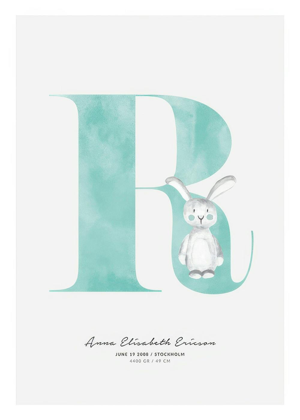 Kids personal poster with pastel green letter R and a cute bunny, ideal for nursery decor.