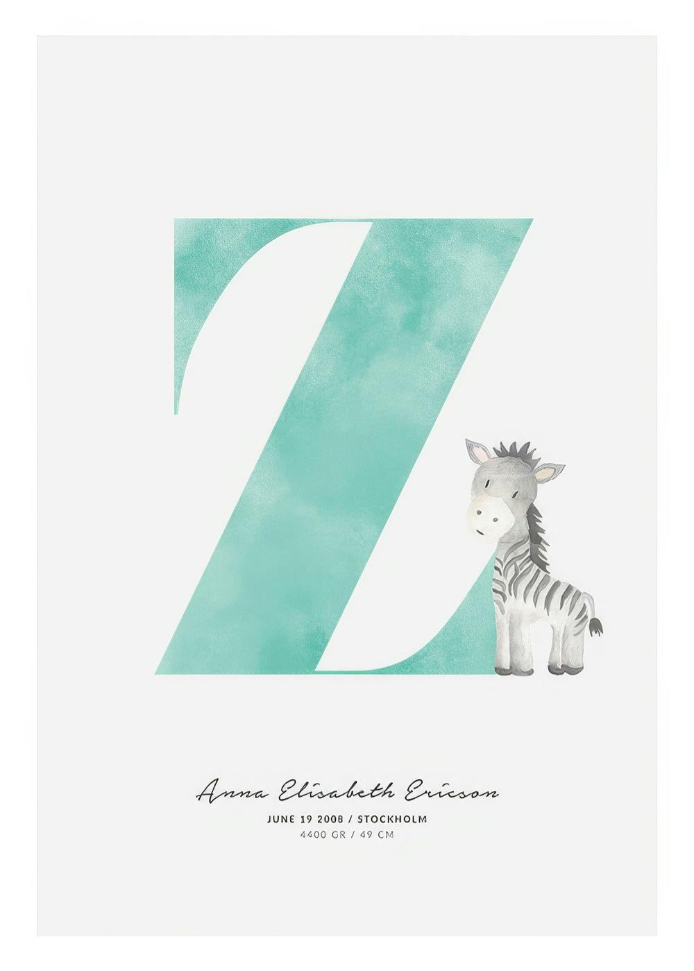 Personalised nursery poster with a large teal letter Z, and a cute cartoon zebra illustration for kids.