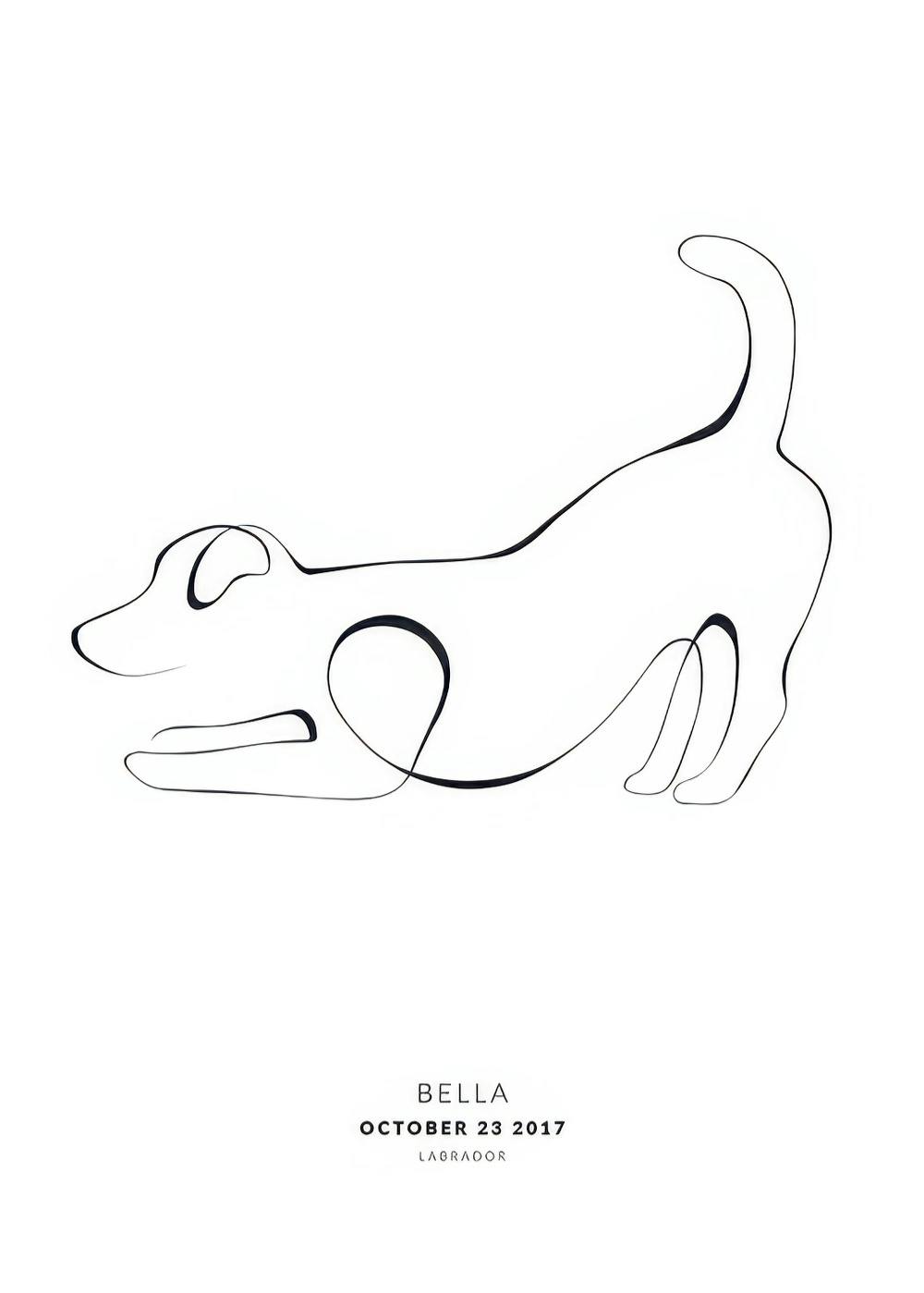 Minimalistisches Jack Russell Hundeposter in Schwarz-Weiss, gezeichnet in einer einzigen Linie, personalisierbar.