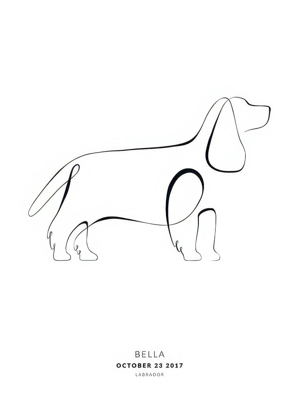 Personalisierbares Poster: Cocker Spaniel in schwarzer, durchgehender Linie auf weissem Hintergrund, mit personalisierbaren Name