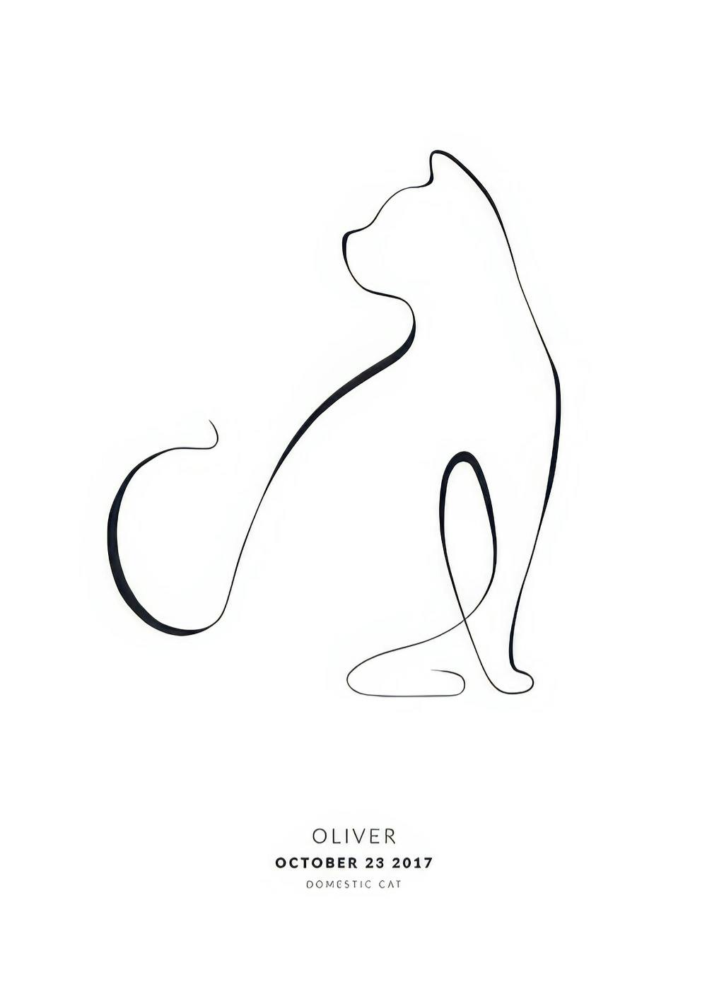 Personalisiertes Poster: Schwarze Umrisszeichnung einer Katze auf weißem Hintergrund, Name und Datum