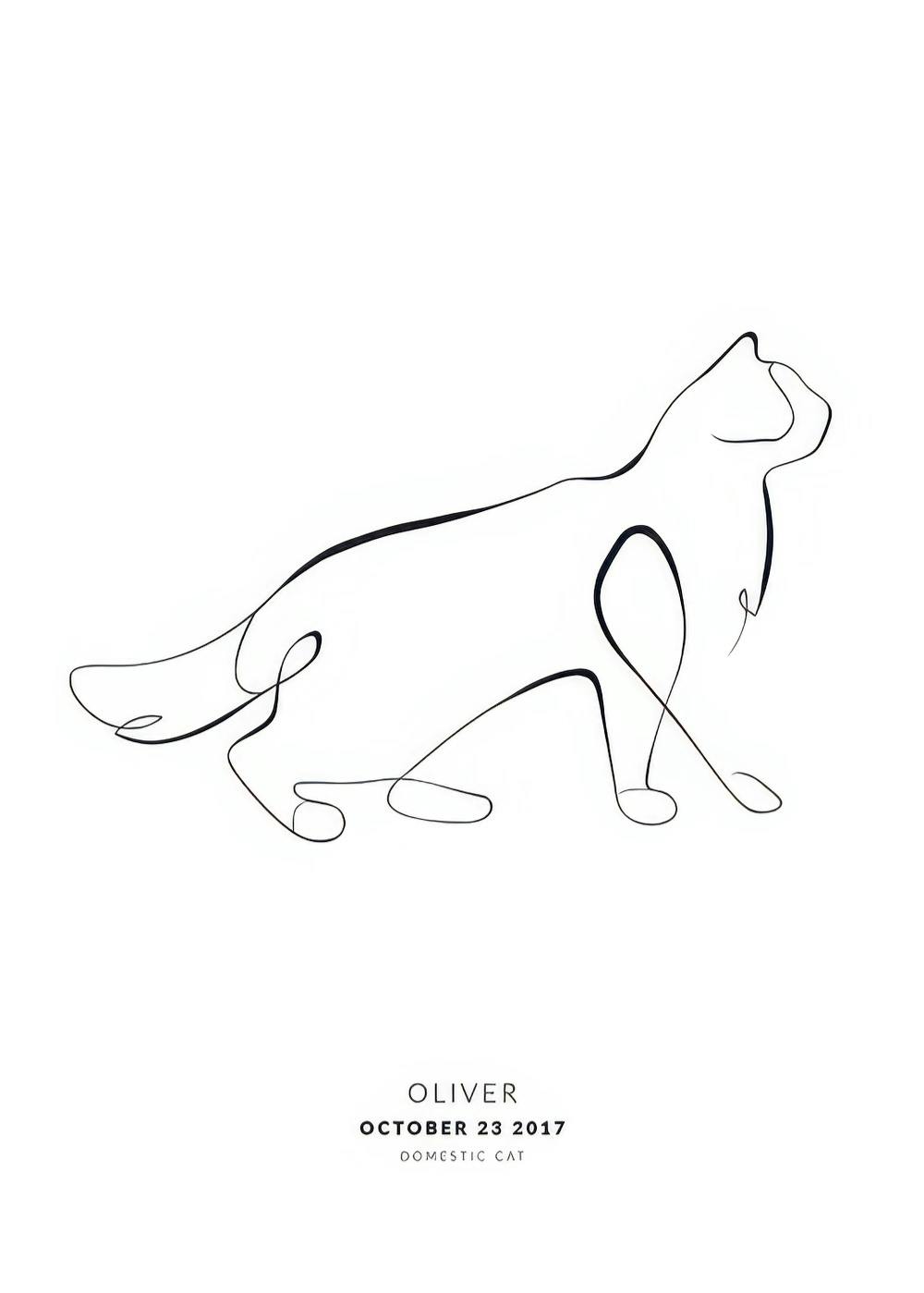 Affiche personnalisée dun chat en une ligne noire, posée sur un meuble en rotin clair avec des livres et vases.