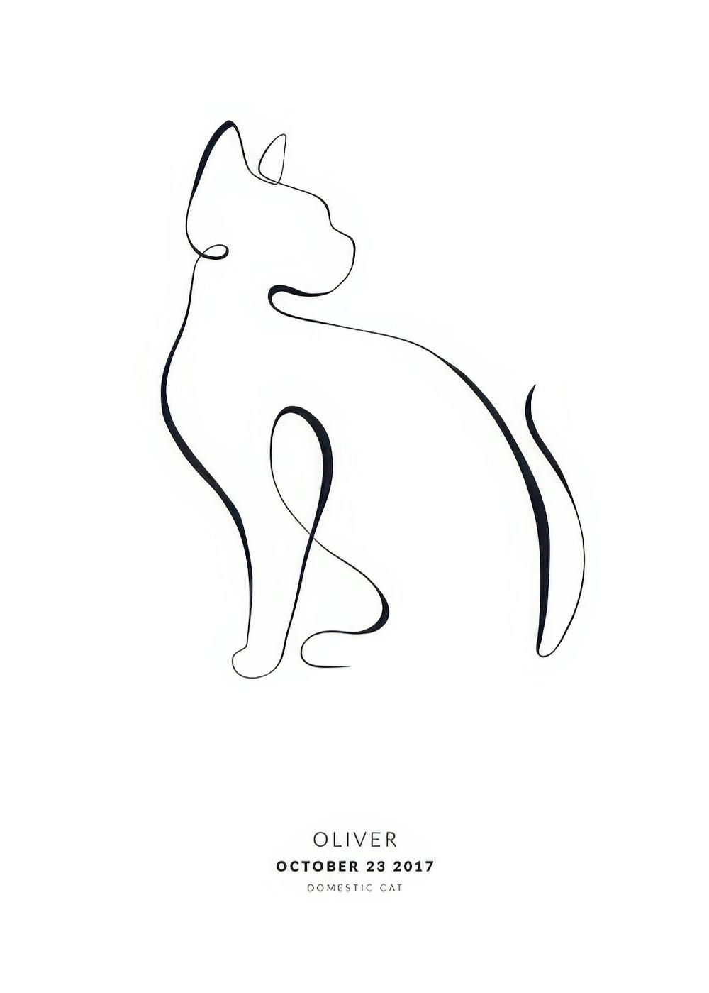 Poster mit schwarzer, durchgehender Linienzeichnung einer stilisierten sitzenden Katze auf weissem Hintergrund.