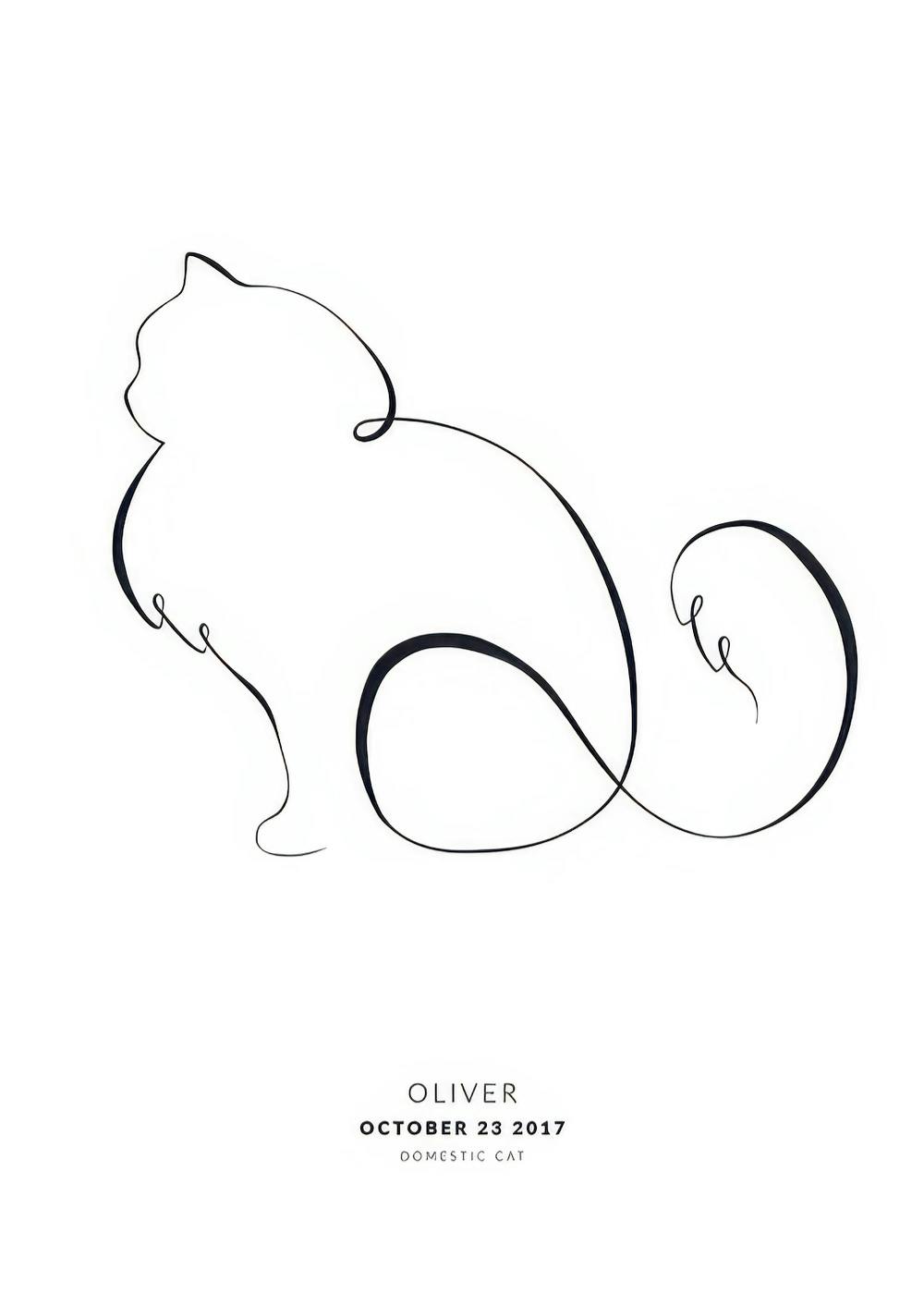Personlig plakat med sort/hvid illustration af sibirisk kat i en enkelt streg, katteplakat