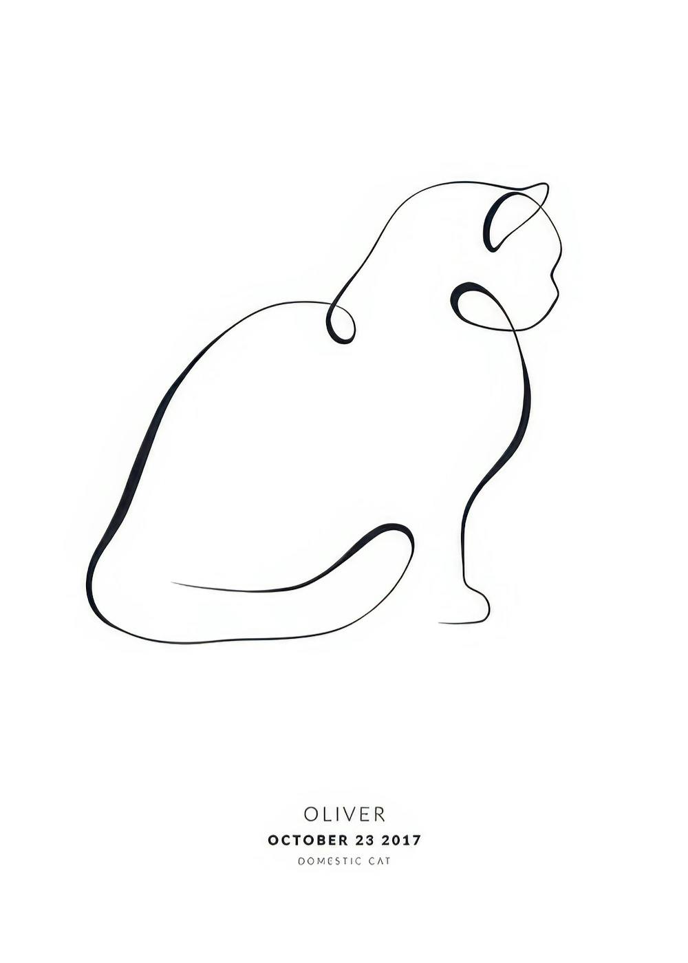 Zwart-wit poster met lijntekening van een Britse korthaar kat zittend. Onderaan staat Oliver October 23 2017 Domestic Cat.