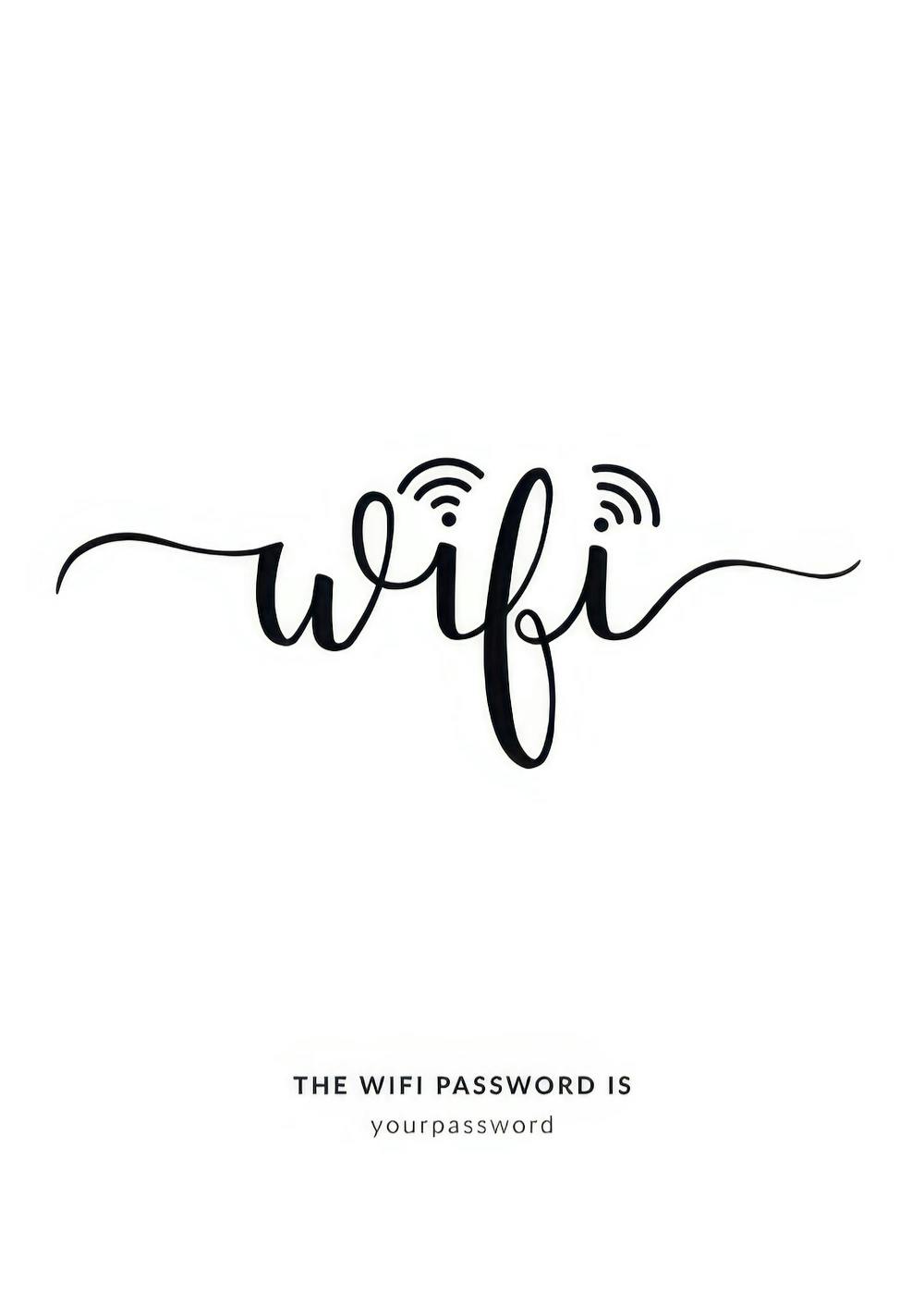 Zwart-wit gepersonaliseerde poster met artistiek geschreven wifi en signaaliconen. Ondertekst voor wifi-wachtwoord.