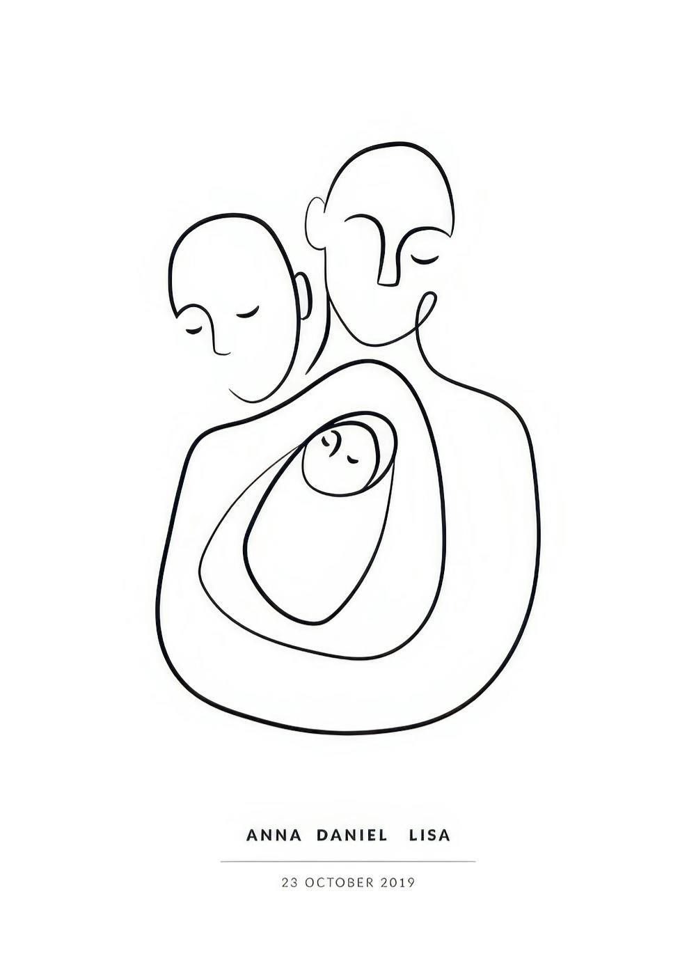 Minimalist black line art of a family, two adults embracing a baby, on a white background with personalized names and date.