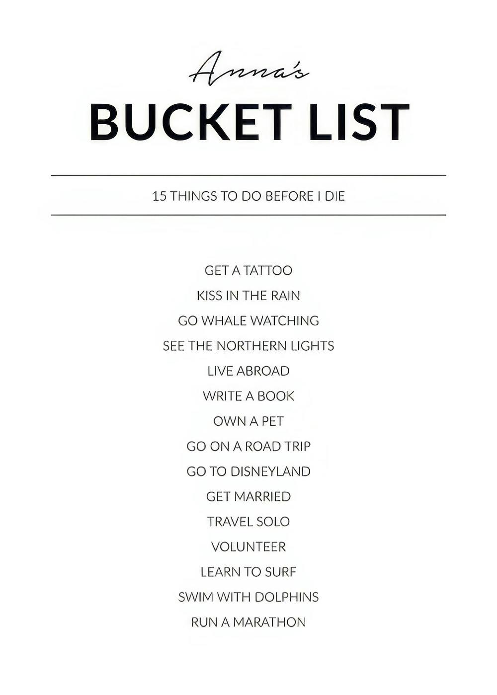 Gepersonaliseerde bucketlist poster met Annas Bucket List en 15 dingen om te doen, inclusief reizen en avonturen.