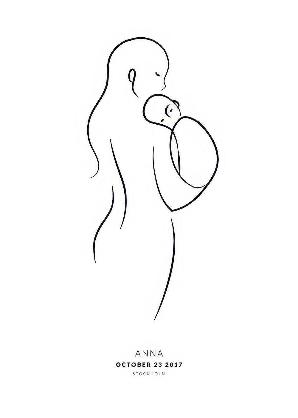 Personalized print with line art of a mother holding a baby, with custom names and date below.