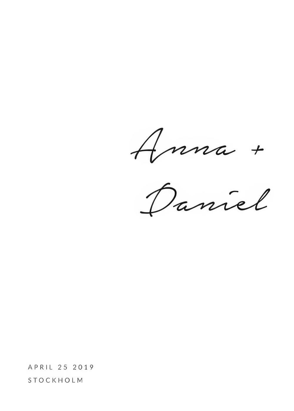 Personalizovaný plakát se jmény Anna a Daniel a datem v černobílém provedení, minimalistický design.