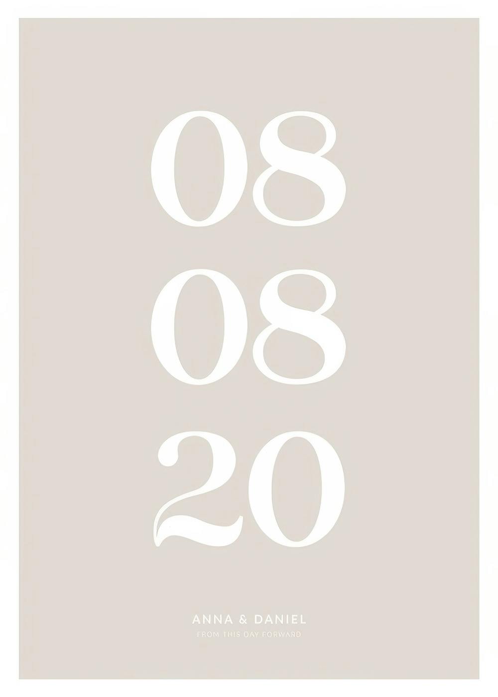 Personalized beige poster with white numbers for a date and custom names, perfect for an anniversary or wedding gift.