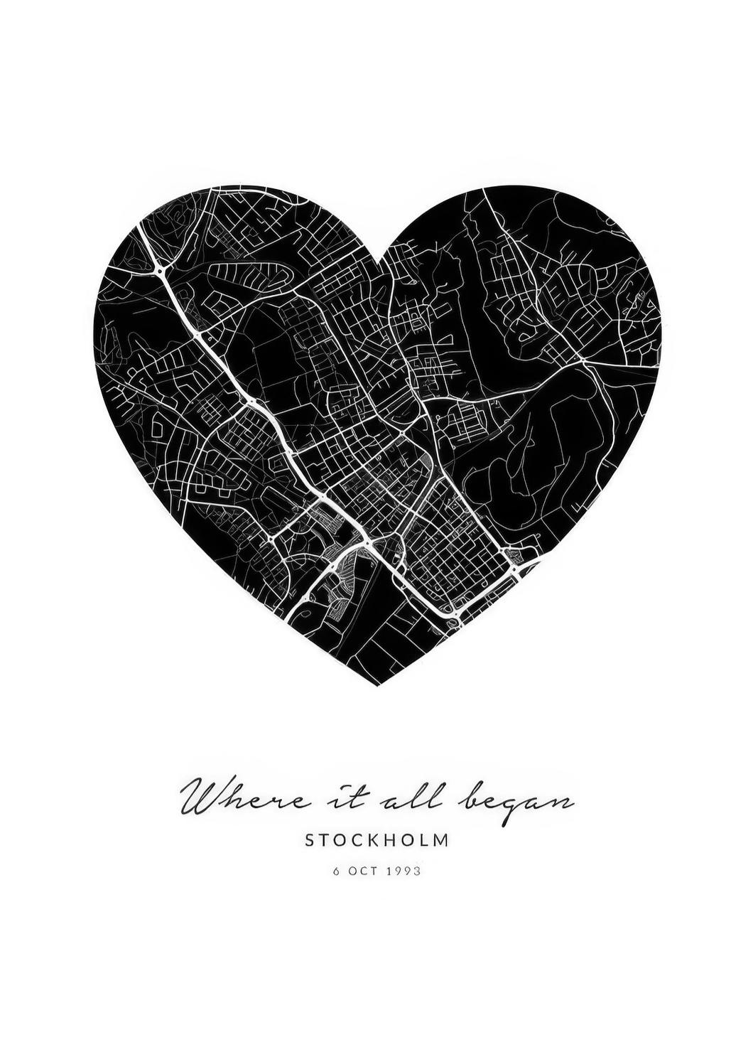 Prints - Heart Map Black Personal Poster (50x70 cm) - Coordinates and location prints