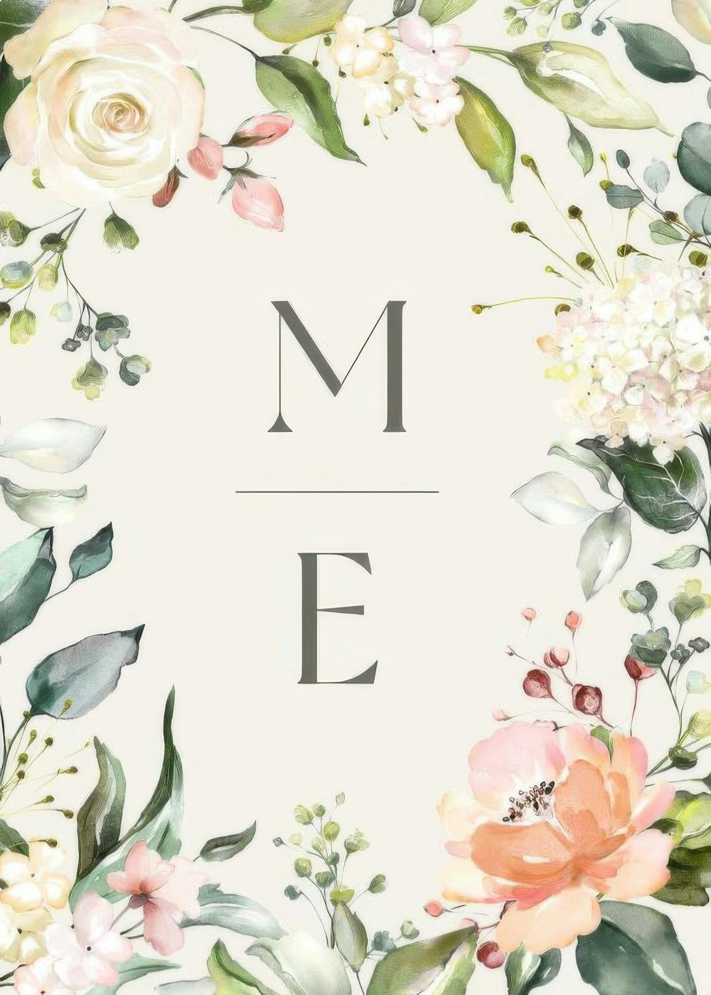 Initialer personlig poster med blommigt motiv av vita, rosa och persikofärgade blommor, gröna blad och bokstäverna M och E.