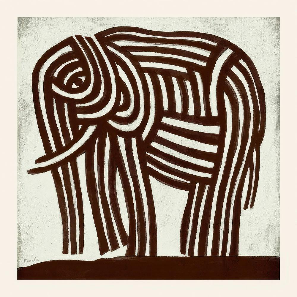 Elefantposter av Marco Marella. Stiliserad teckning av en elefant med mörkbruna linjer på vit bakgrund.