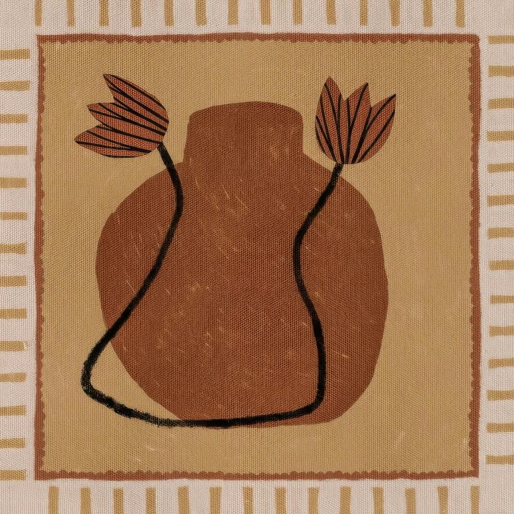 Affiche avec un vase marron, deux fleurs stylisées orange et noires sur un fond beige avec une bordure à rayures.