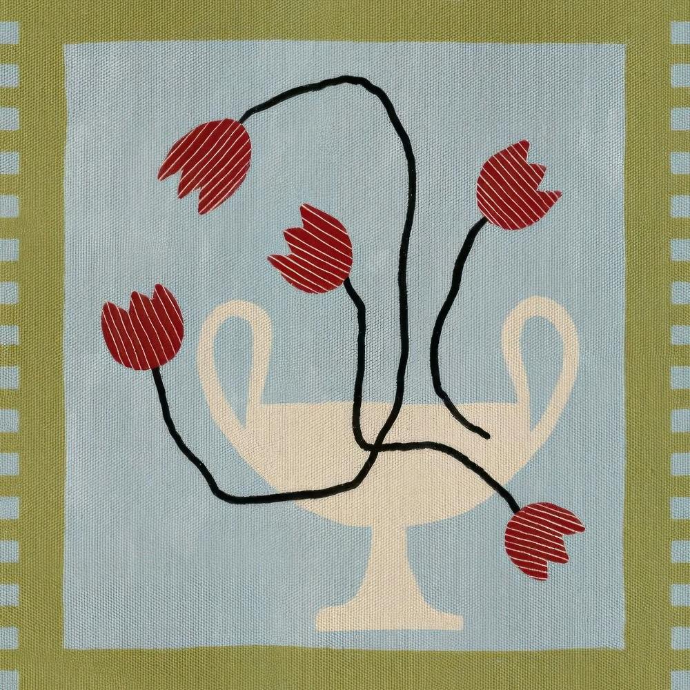 Affiche avec un vase blanc stylisé et des tulipes rouges aux tiges noires sur fond bleu clair bordé de vert.
