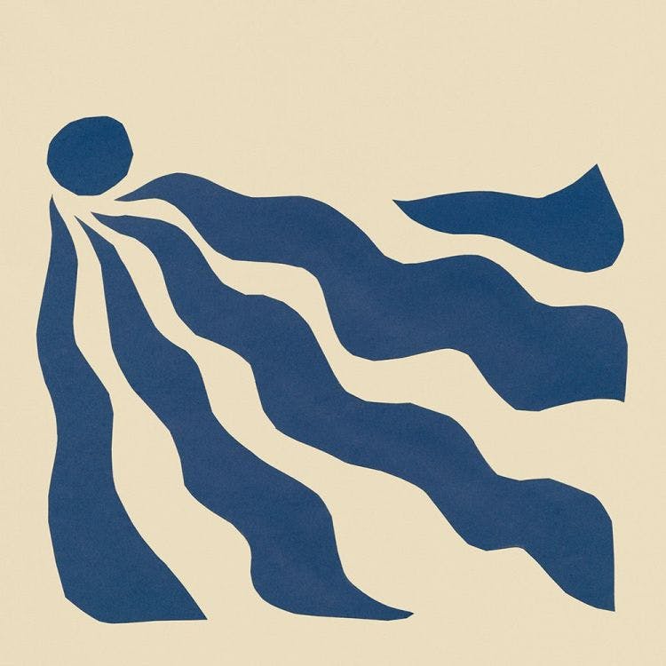 Affiche avec des formes abstraites bleues ressemblant à des vagues ou des tentacules sur un fond beige clair.