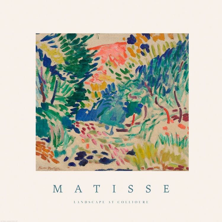 Poster con dipinto di Matisse, Paesaggio a Collioure, colori vibranti, pennellate evidenti e forme astratte naturali.