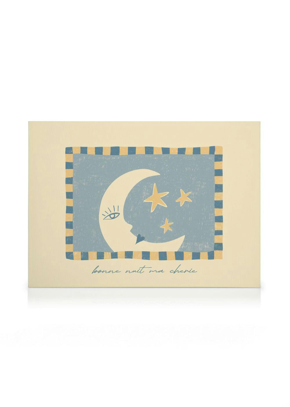 Lærred med en illustreret måne og stjerner i blå og beige, omkranset af en stribet ramme og teksten bonne nuit ma cherie.